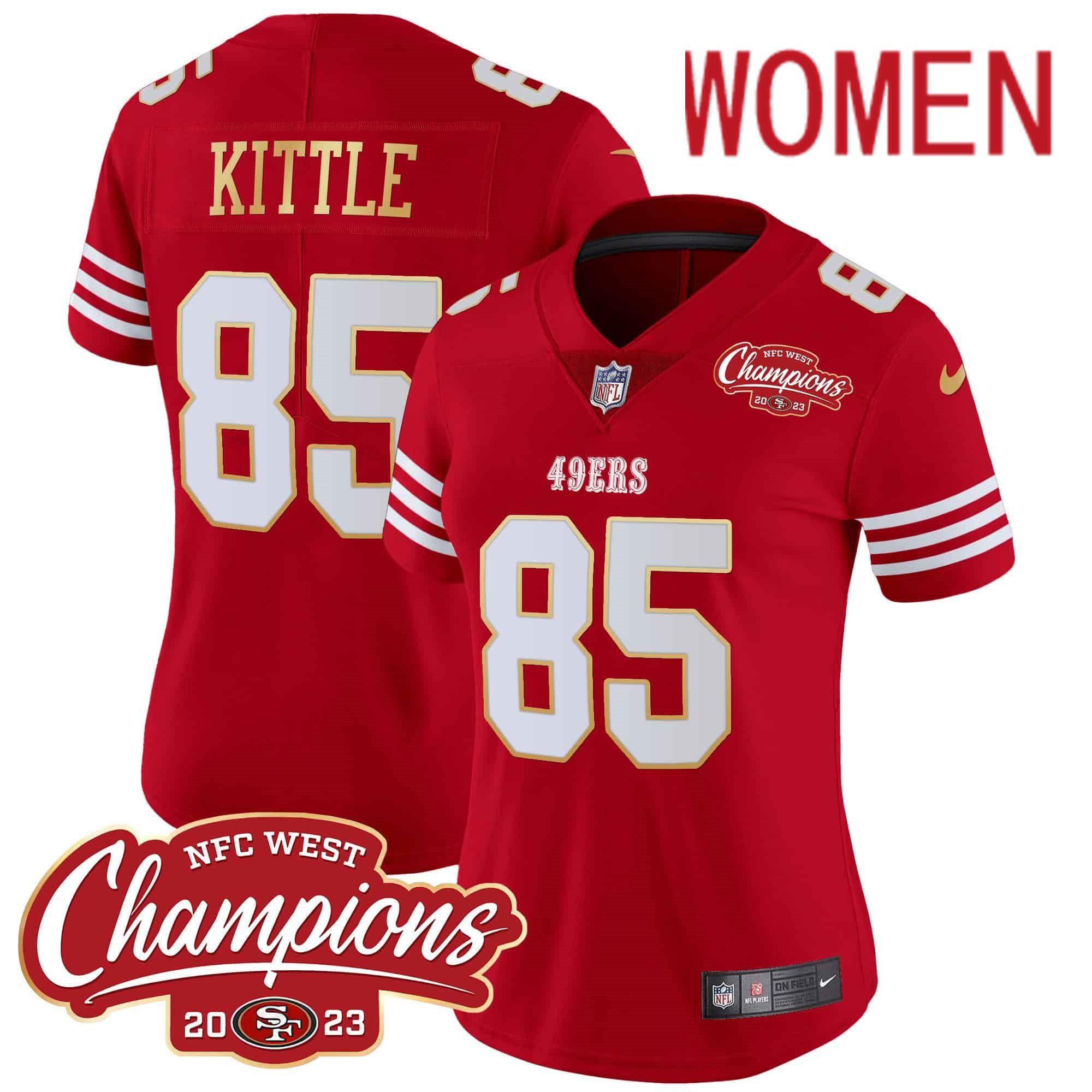 Women San Francisco 49ers 85 Kittle Red 2024 Nike NFC West Champions Gold Trim Vapor NFL Jersey style 1